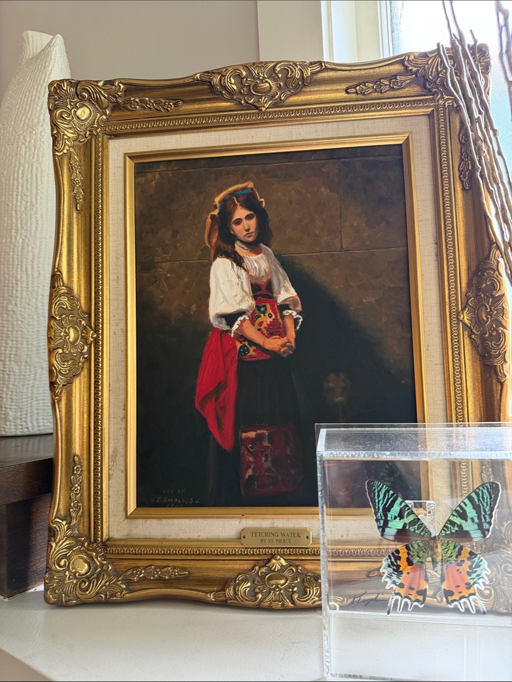 Vintage Oil Painting in Ornate Frame Signed Art Fetching Water